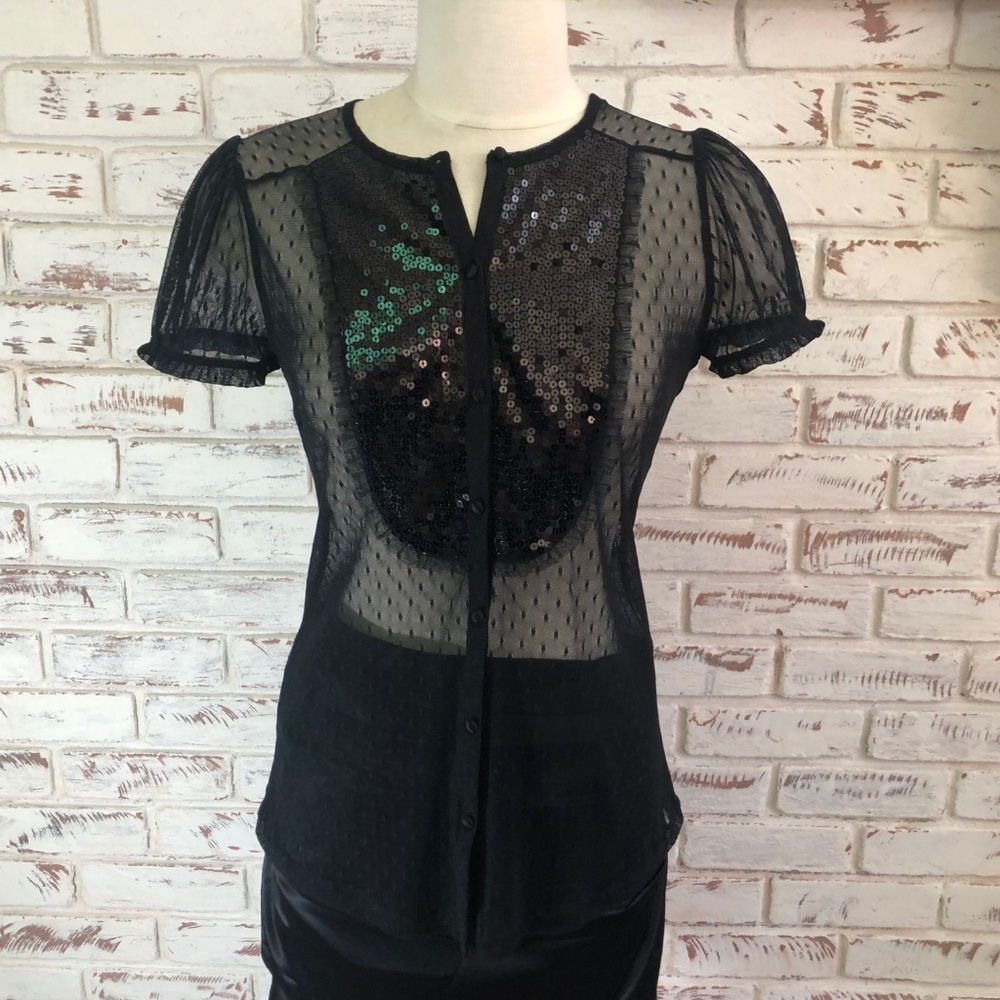 Express Lace Sequin short Sleeve Black Blouse